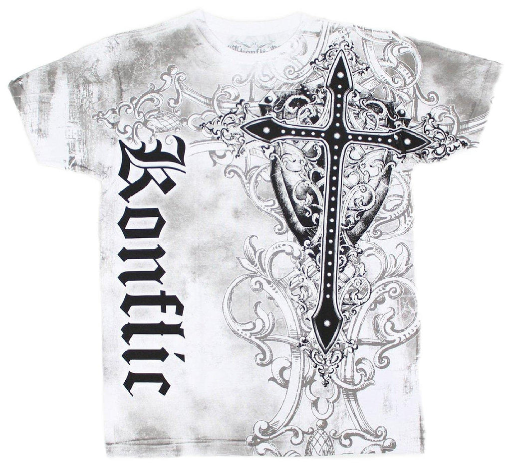 Konflic 100% Cotton MMA Graphic Tee - Cross Shield (XL White)